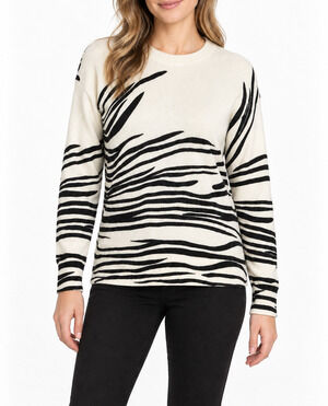 Metric Knits Womens L Ivory black Zebra Animal Print Crewneck Sweater NWT